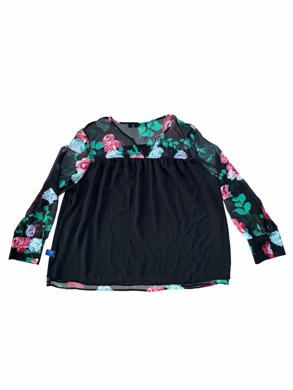 Apt 9. Semi-Sheer Black Crepe Floral Rose Garden Long Cuffed Sleeve Blouse ~ XL - Picture 3 of 7